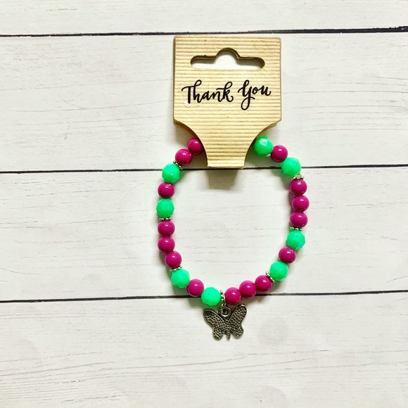 New Girls Pink/Green Beaded Bracelet with Charm